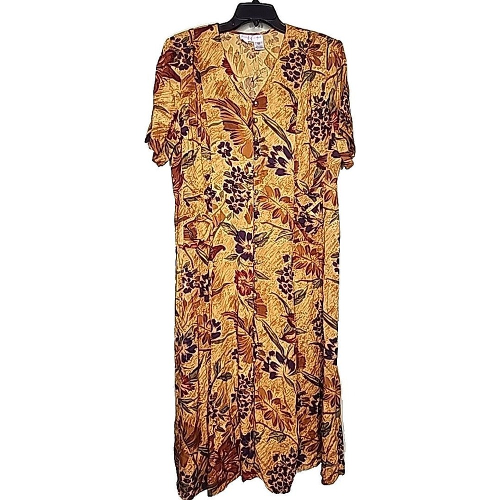 Vintage 90s Betsy Lauren Floral Midi Dress 16W Button Front‎ Short Sleeve V-Neck